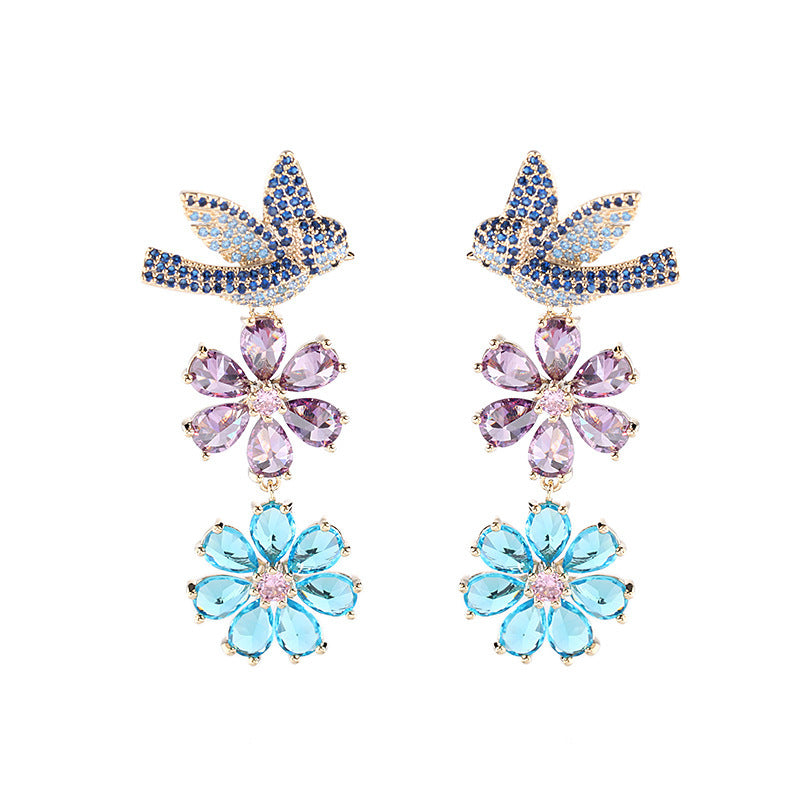 Floral Bird 18K Gold Pink Blue CZ Anti Tarnish Drop Earring Bulk