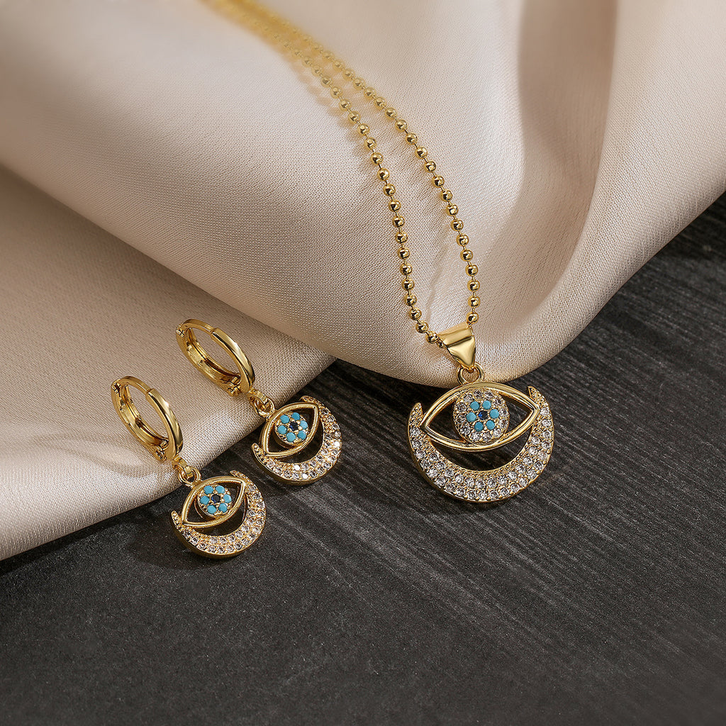 Moon Evil Eye 18K Gold CZ Anti Tarnish Pendant Chain Earring Set Bulk