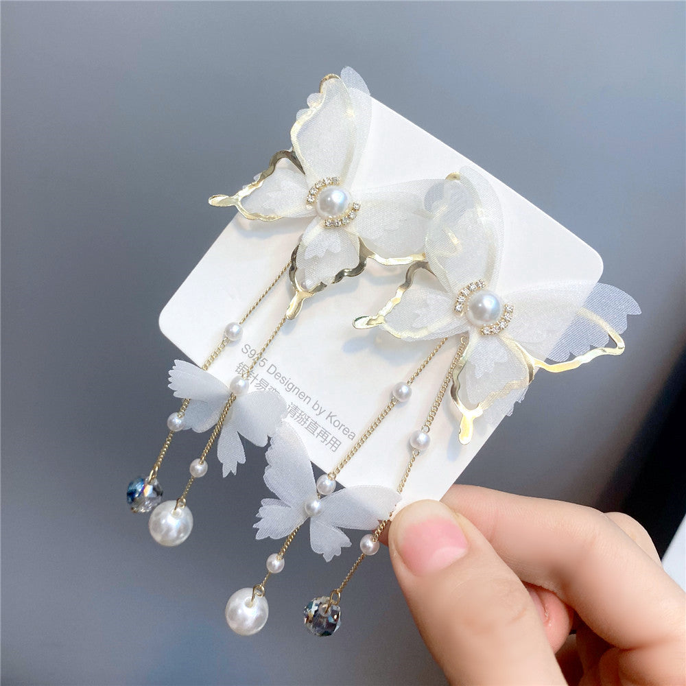 Fairy 18K Gold Long Butterfly White Pearl Anti Tarnish Necklace Earrings Set For Women