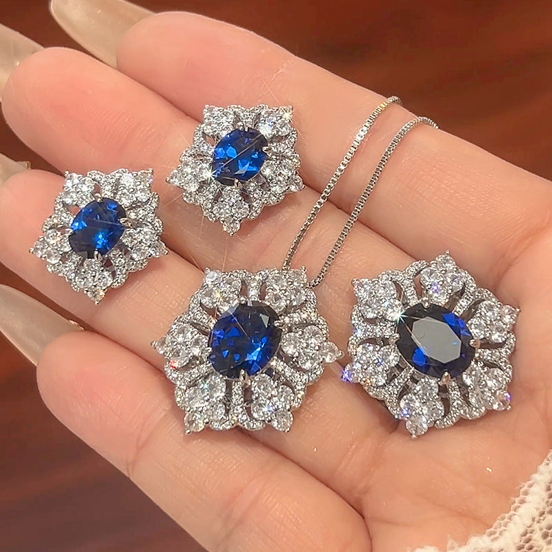 Flower Red Gemstone Silver CZ Necklace Earring Ring Set Bulk