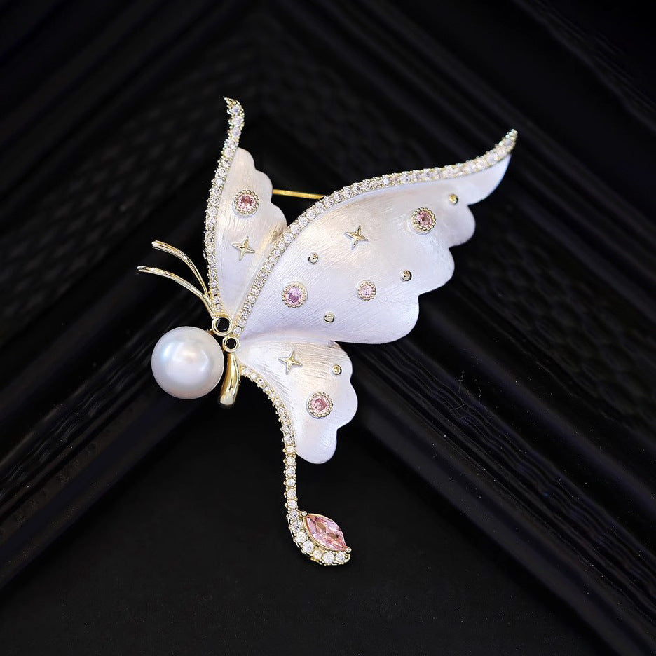 White Black Butterfly Gold CZ Pearl Brass Anti Tarnish Brooch Wholesale