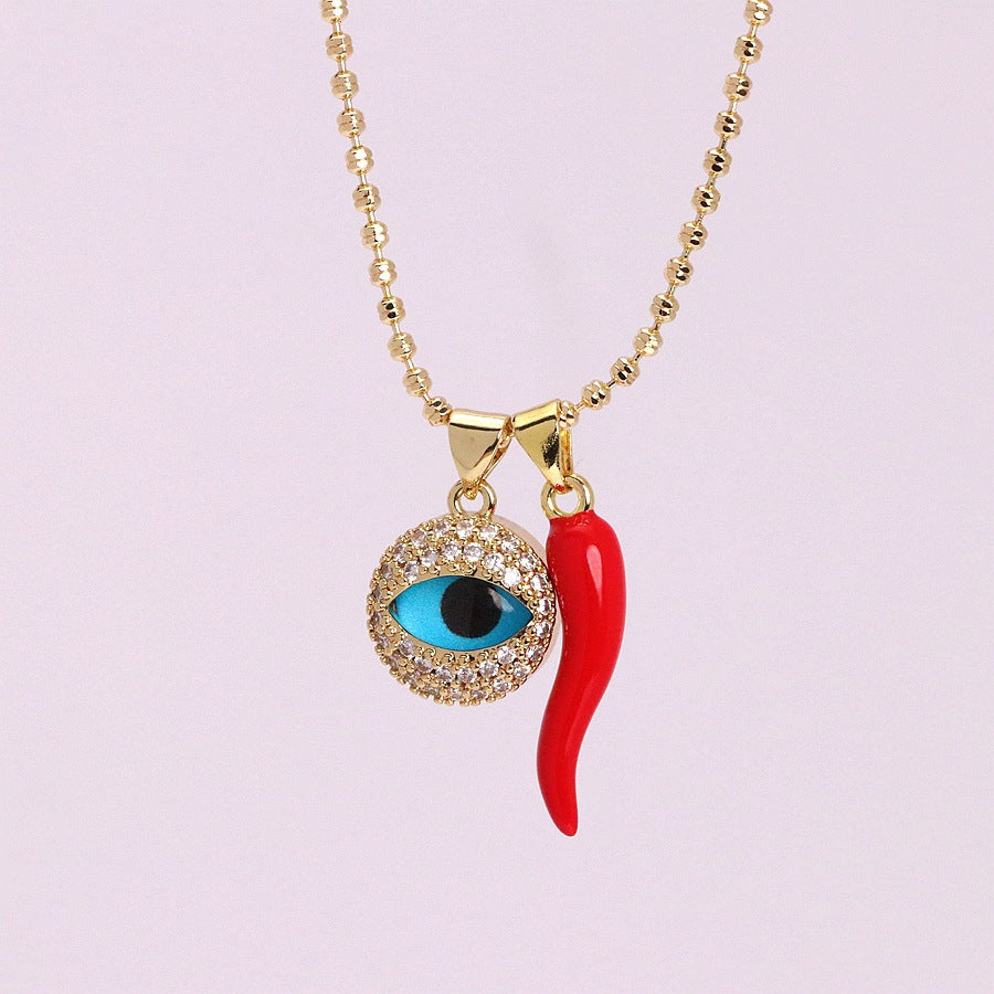 Blue Evil Eye Red Chili Charm Gold CZ Enamel Copper Pendant Chain Bulk Secondary image