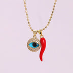 Blue Evil Eye Red Chili Charm Gold CZ Enamel Copper Pendant Chain Bulk
