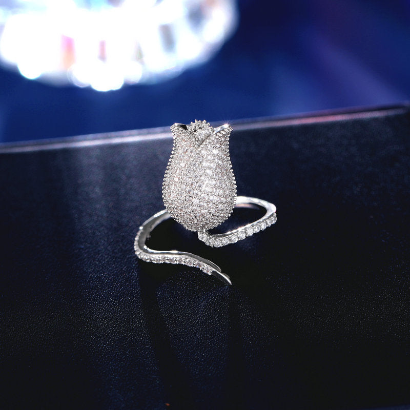 Tulip 18K Gold Plated Blue White Black Purple Sparkling Pave Crystals Anti Tarnished Free Size Ring For Women