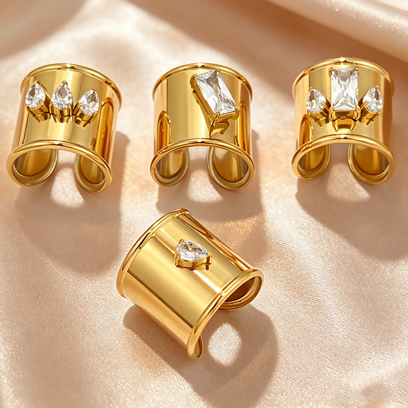 Designer Wide Band Gold CZ Stainless Steel Anti Tarnish Fancy Ring Bulk