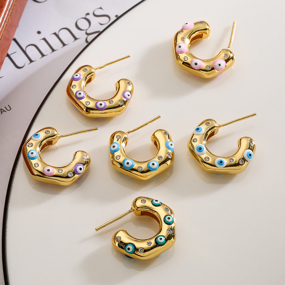 Evil Eye 18K Gold Blue Enamel Anti Tarnish Hoop Earring For Women