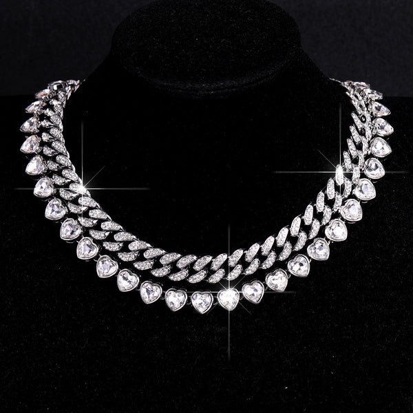Silver Heart Curb Chain Silver Rhinestone Necklace For Women Bulk Main image