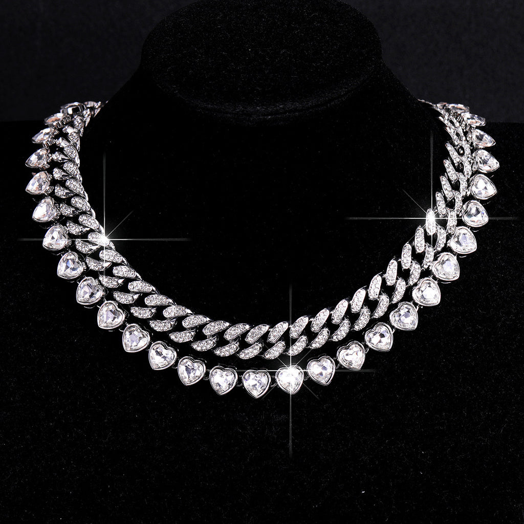 Silver Heart Curb Chain Silver Rhinestone Necklace For Women Bulk