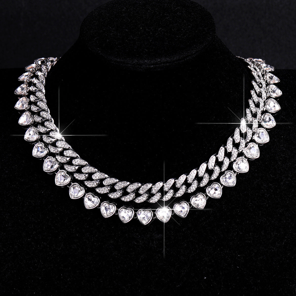 Silver Heart Curb Chain Silver Rhinestone Necklace For Women Bulk