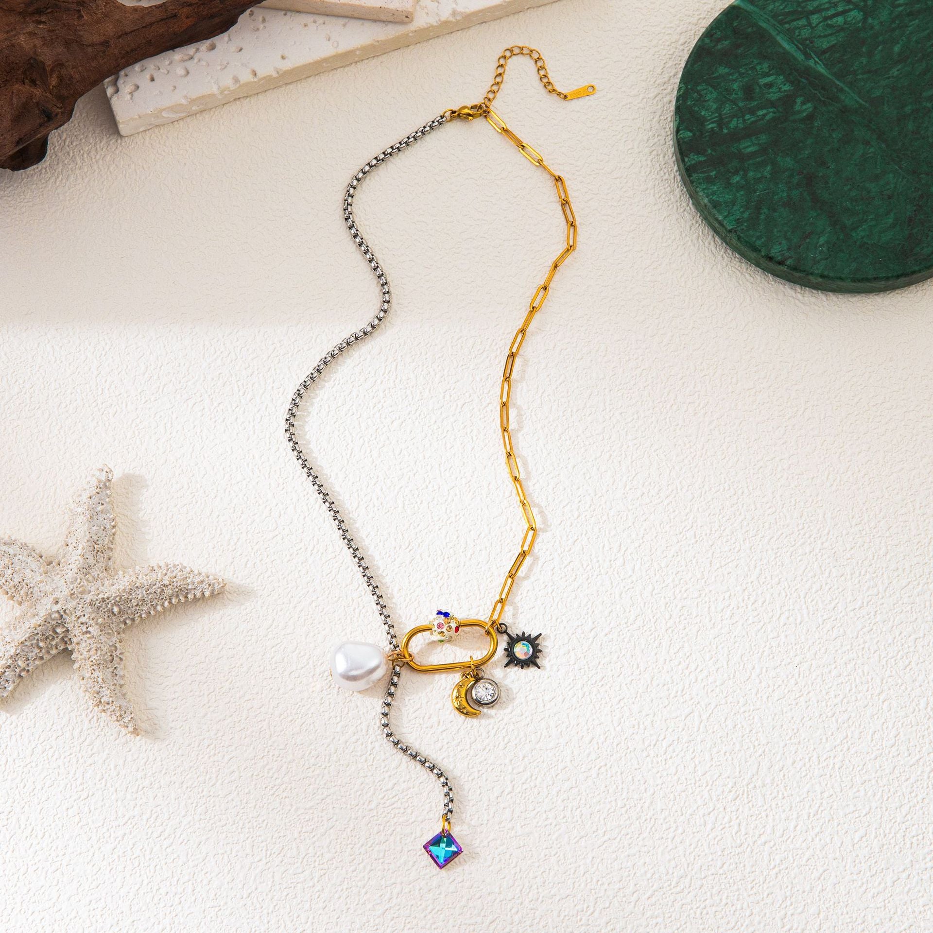 Star Moon Two Tone 18K Gold Silver Black Crystal Charm Stainless Steel Anti Tarnish Necklace Chain For Women