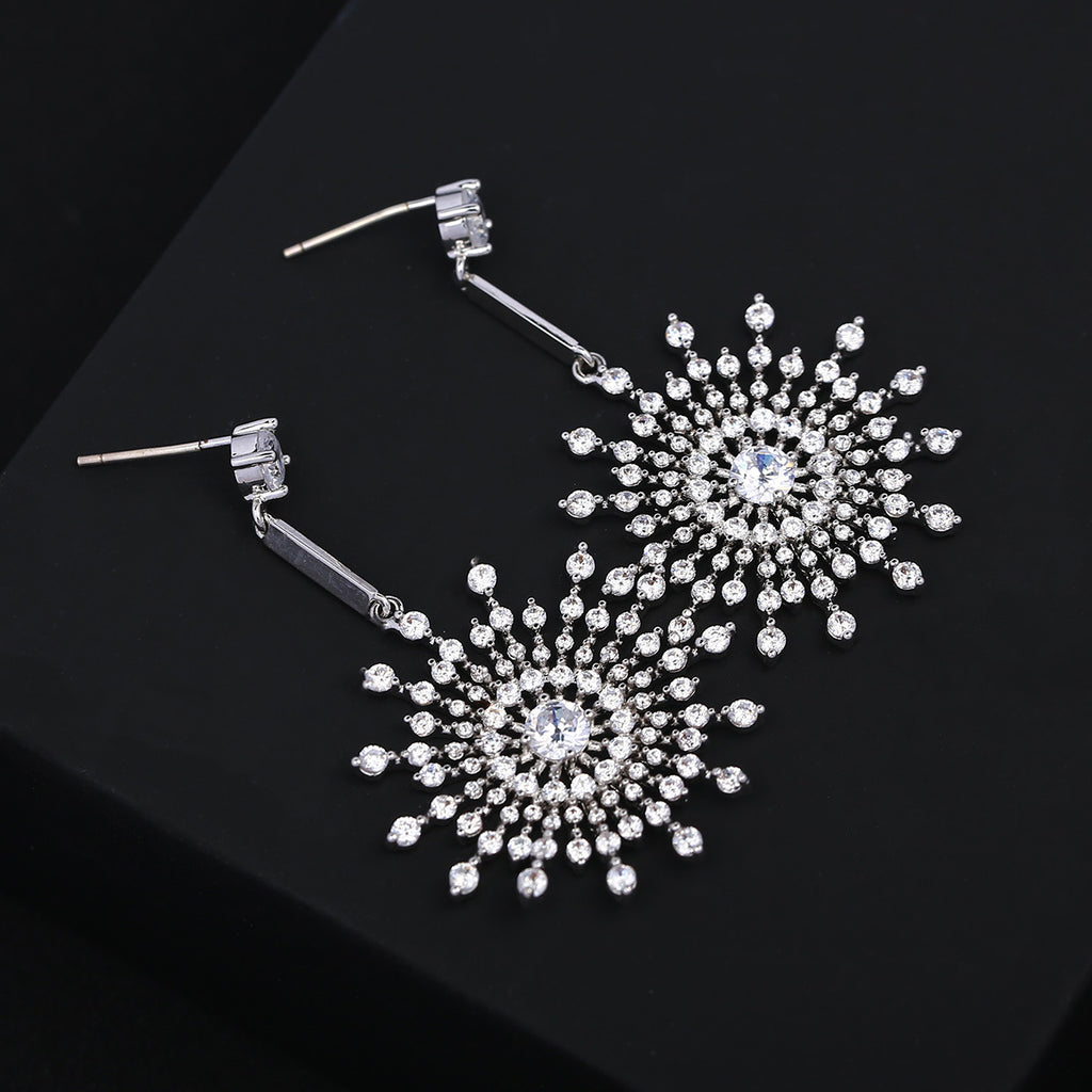 Luxury Snowflake Silver Plated CZ Anti Tarnish Copper Drop Earrings Bulk