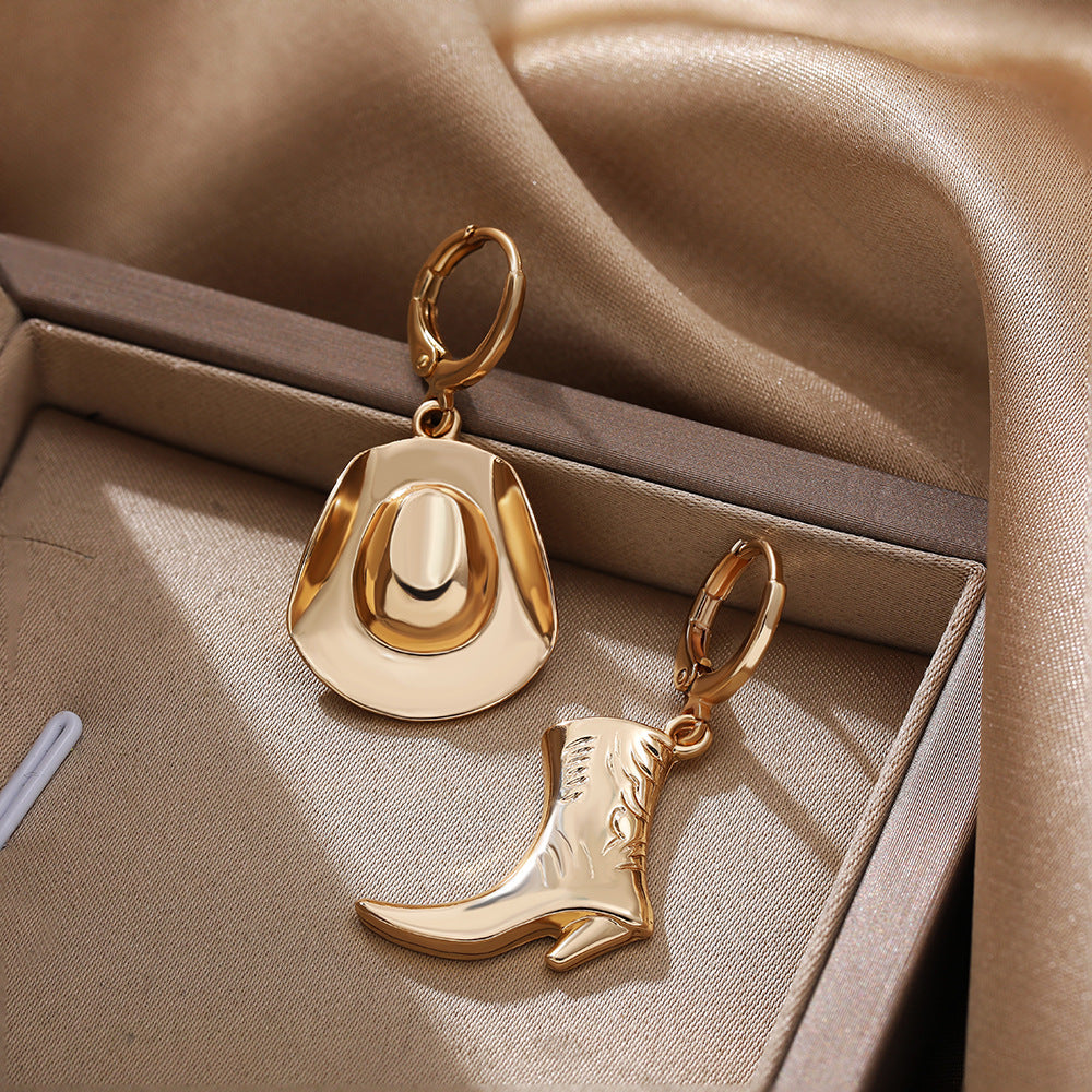 Trendy Western Boot & Hat Design Gold Plated Hoop Earrings Wholesale