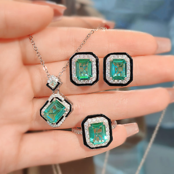 Emerald Green Black Silver Cubic Zirconia Anti Tarnish Pendant Chain Earring Ring Set For Women Main image