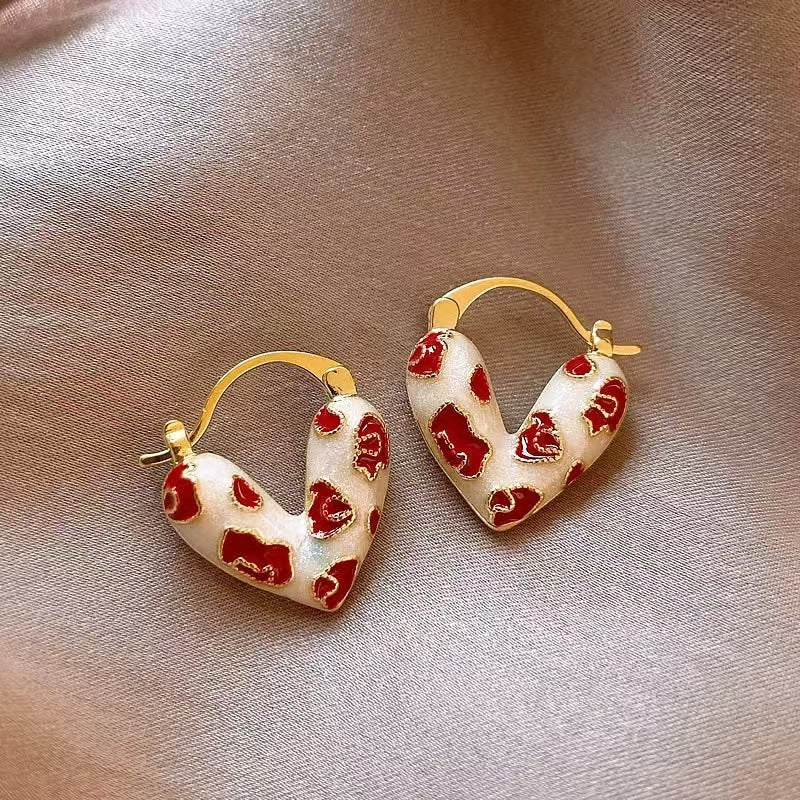 Heart Red White Enamel 18K Gold Plated Anti Tarnish Hoop Earring Bulk Main image