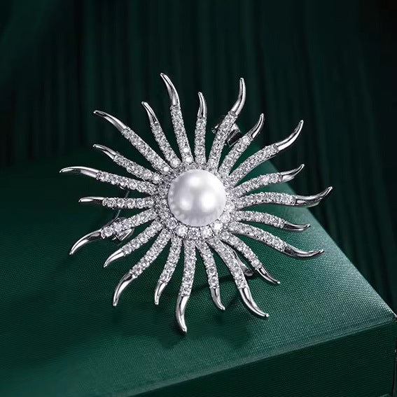 Sun Cubic Zirconia Pearl White 18K Gold Anti Tarnish Brooch Women Bulk