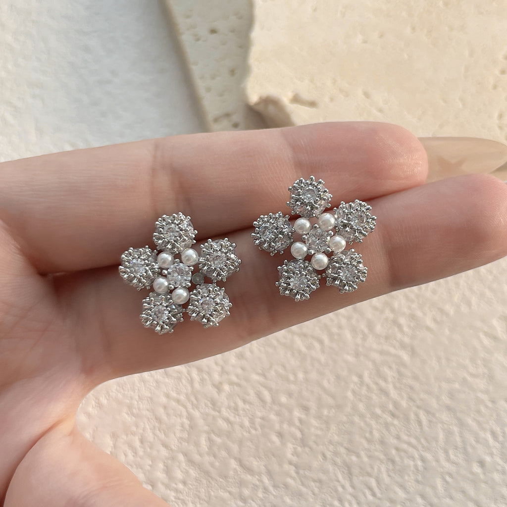 Flower Pearl 18K Gold Silver CZ Anti Tarnish Stud Earring Bulk