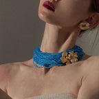 Turquoise Blue Multi Strand Floral Choker Gold Copper Necklace Bulk
