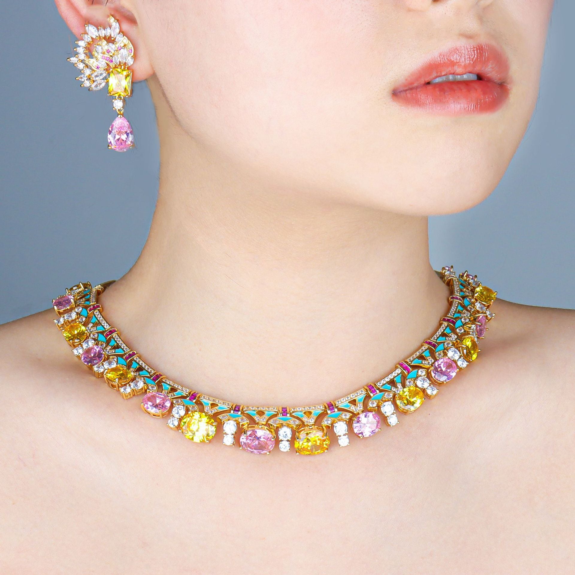 Elegant Gold Tone Pink Yellow White CZ Copper Necklace Earring Set Bulk Main image