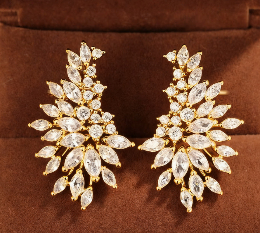 Premium Marquise Cut Leaf Gold Silver CZ Copper Stud Earrings Wholesale
