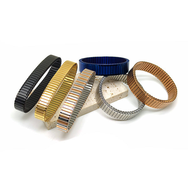 Black Stackable Stainless Steel Anti Tarnish Adjustable Watch Stripe Elastic Bracelet For Women Secondary image