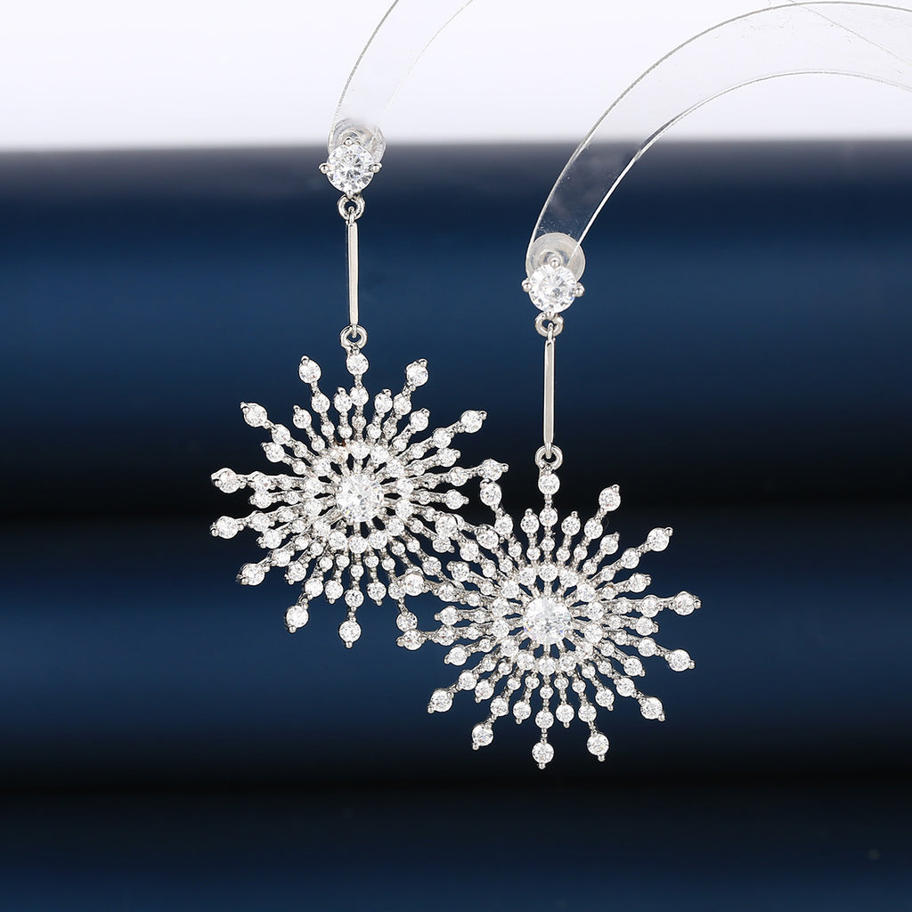 Luxury Snowflake Silver Plated CZ Anti Tarnish Copper Drop Earrings Bulk