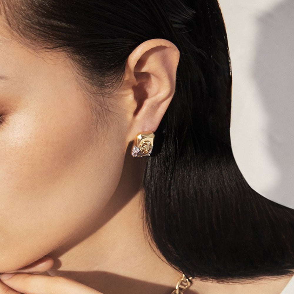 Geometric Lion Head Gold Plated CZ Copper Stud Earrings Wholesale