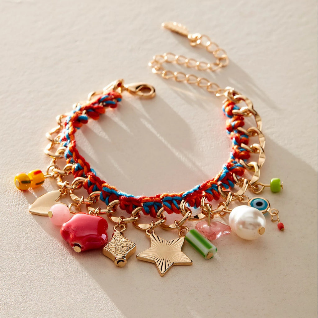 Bohemian Braided Rope Pearl Star Stainless Steel Curb Chain Charm Bracelet For Women