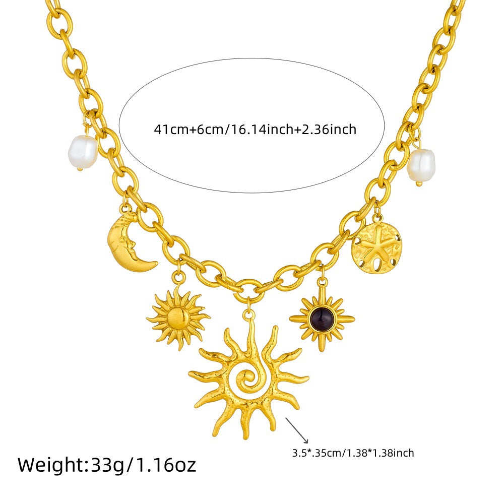 Celestial Sun Moon Pearl Gold Plated Charm Stainless Steel Necklace Bulk