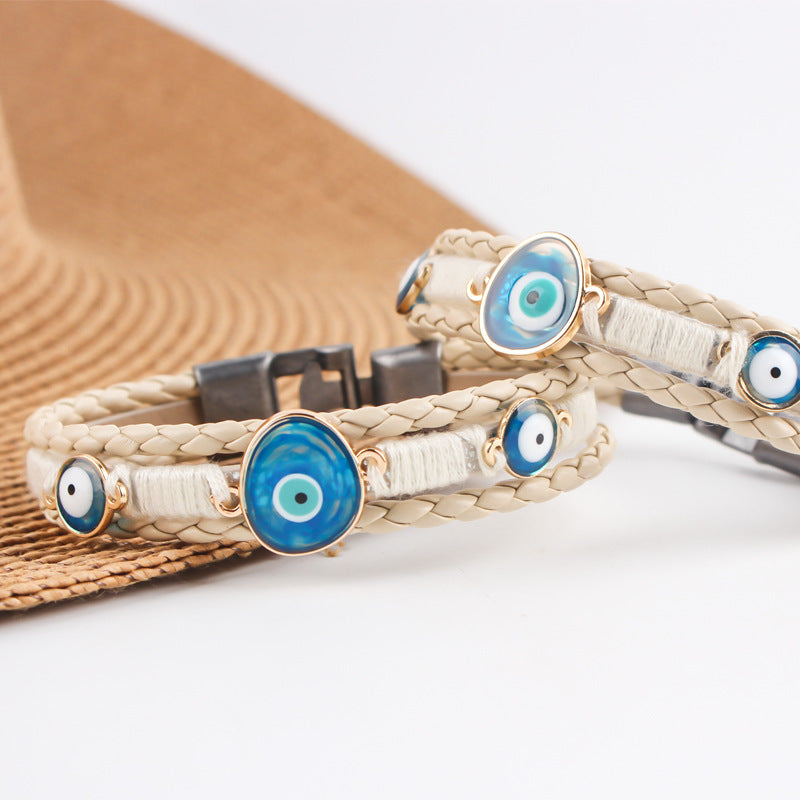 Evil Eye Multi Layer Blue Brown Anti Tarnish Wrist Band Leather Bracelet For Woman Men Secondary image