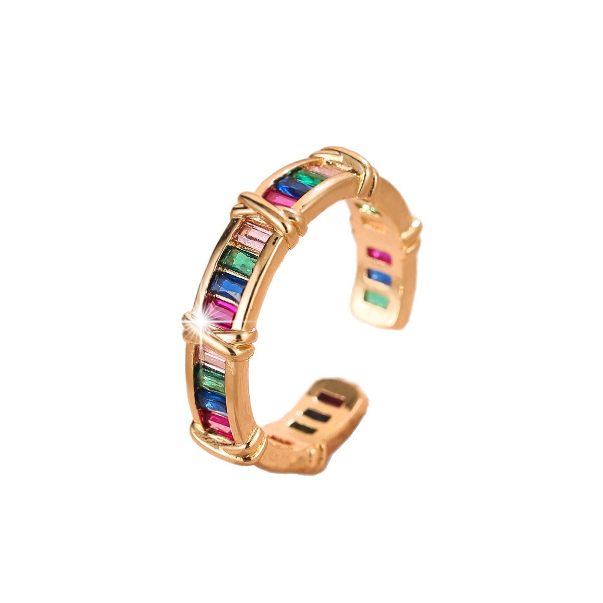 Luxury Gold Plated Multi Color Baguette Open CZ Copper Fancy Ring Bulk