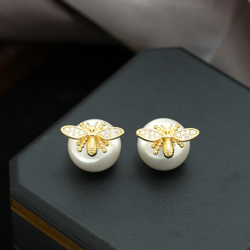 Little Honeybee Pearl Cubic Zirconia Gold Silver Stud Earring Bulk