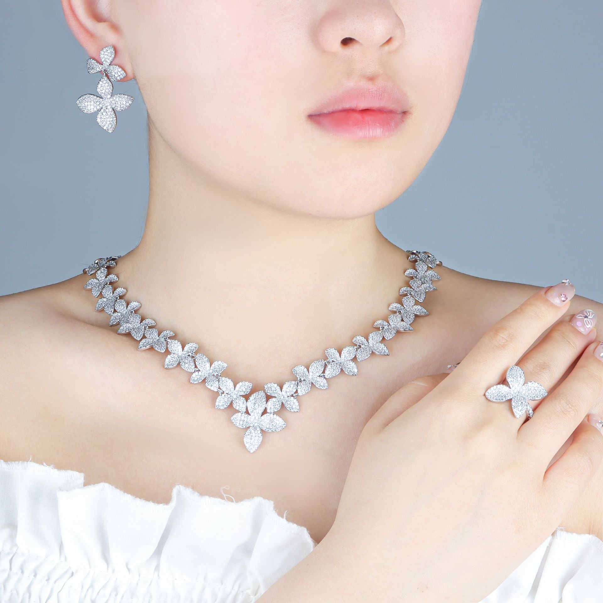 Designer Floral Silver CZ Anti Tarnish Copper Necklace Combo Set Bulk Main image