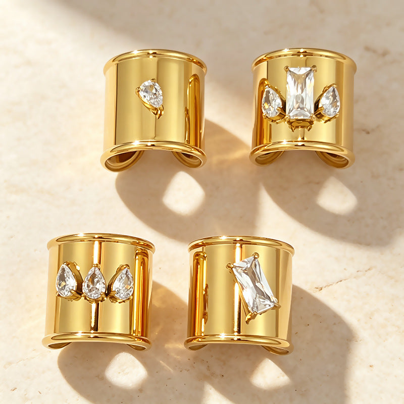 Designer Wide Band Gold CZ Stainless Steel Anti Tarnish Fancy Ring Bulk