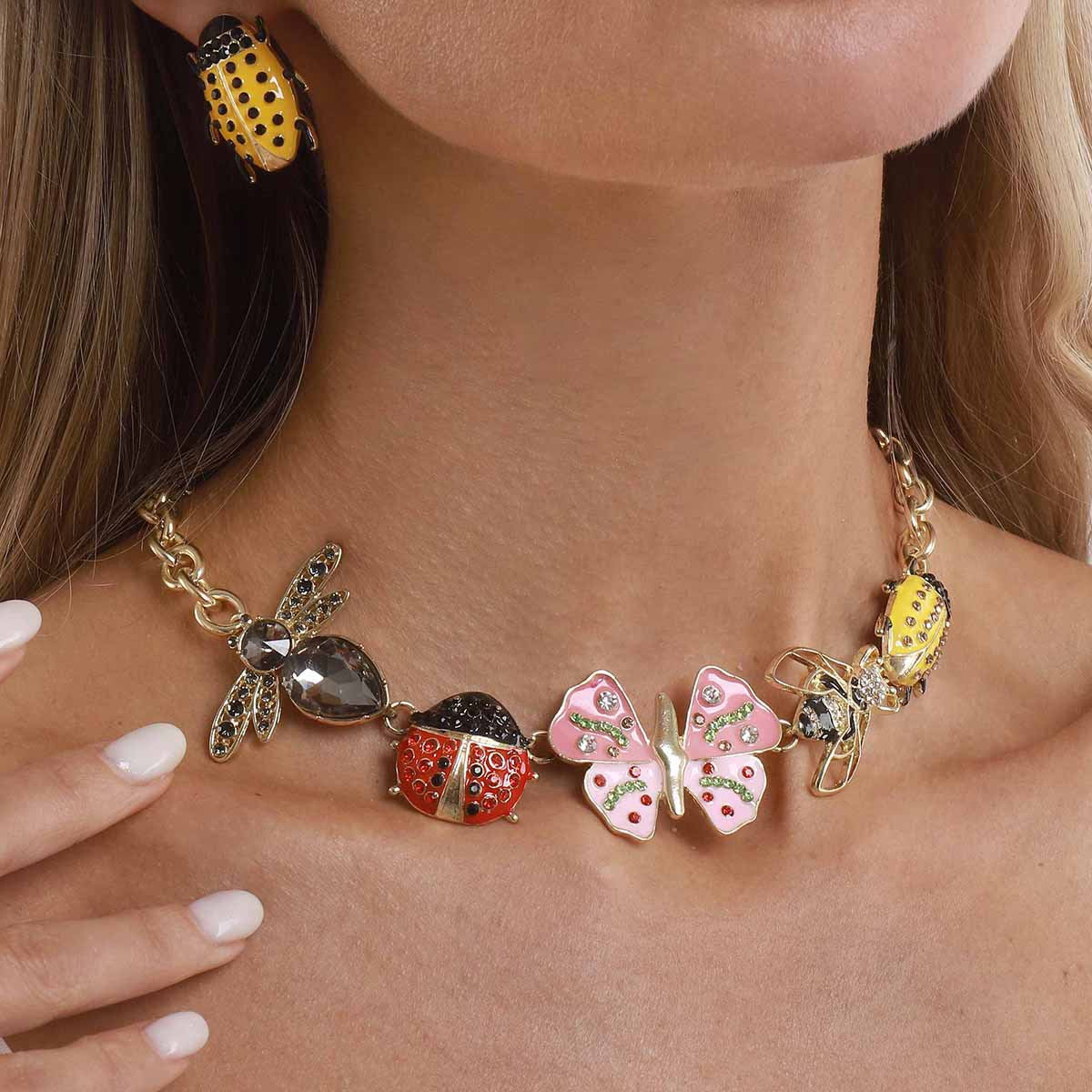 Multi Color Trendy Insect Charm Gold Enamel Necklace Earring Set Bulk Main image