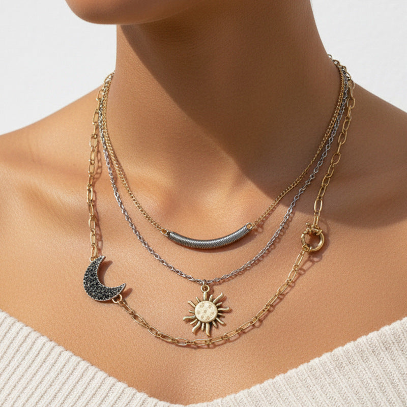 Multi-Layered Celestial Sun & Moon Charm Gold Silver Necklace Wholesale