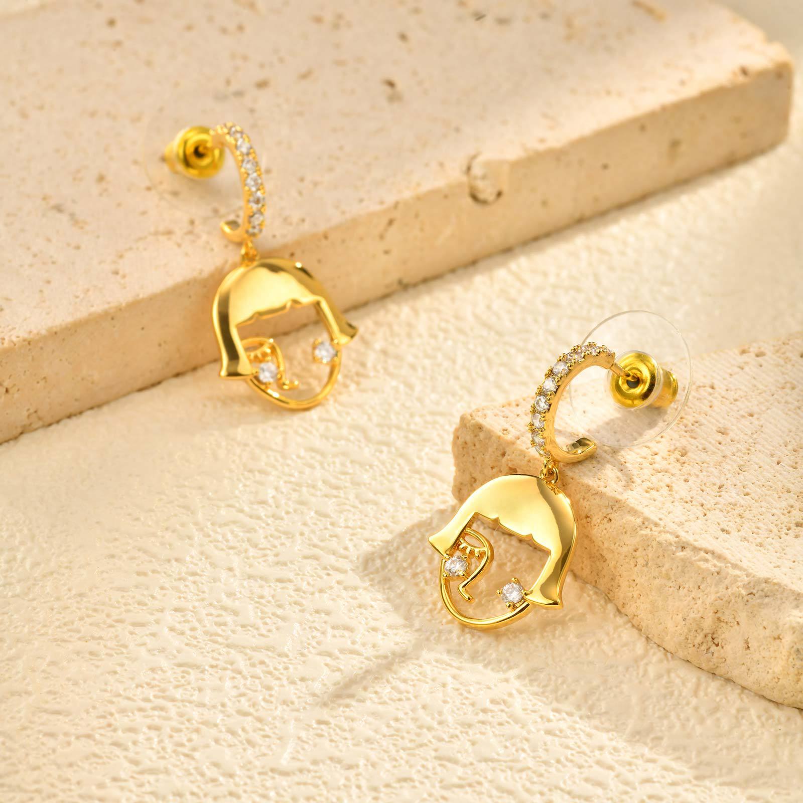 Wholesale Modern Face Art Gold Plated CZ Stainless Steel Drop Earrings