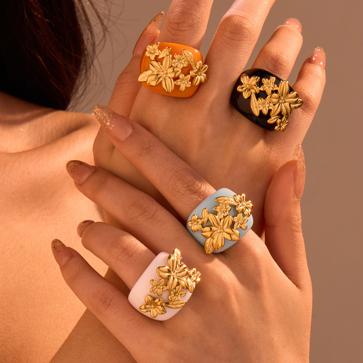 Flower 18K Gold Stainless Steel acrylic Adjustable Ring For Women Secondary image