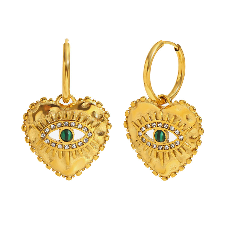 Heart Evil Eye 18K Gold CZ Stainless Steel Hoop Dangler Earring Bulk