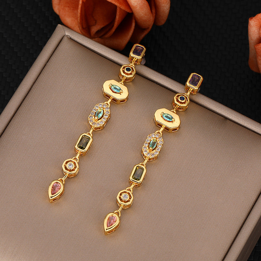 Gold Silver Spectrum Chunky CZ Copper Dangler Earrings Bulk Secondary image