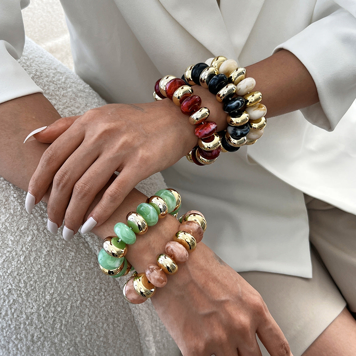 Multi Color Resin Stones Stretchable Stylish Chunky Gold Bracelet Bulk
