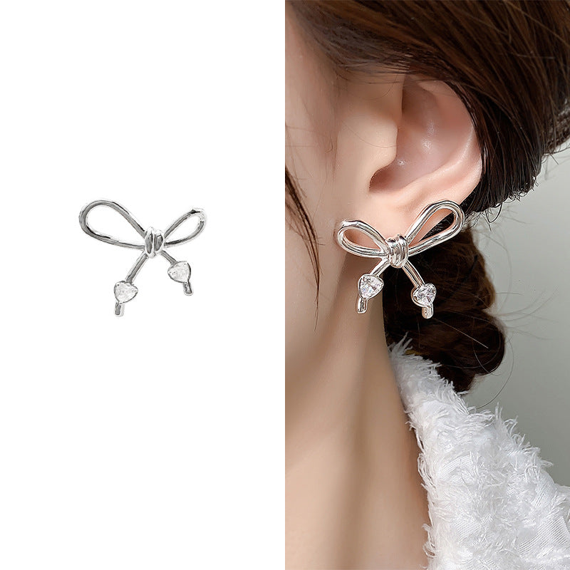 Bow Heart 18K Gold Silver CZ Anti Tarnish Stud Earring Bulk