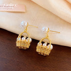 Gold  Basket Pearl  Anti Tarnish Copper Dangler Earrings For Women Bulk
