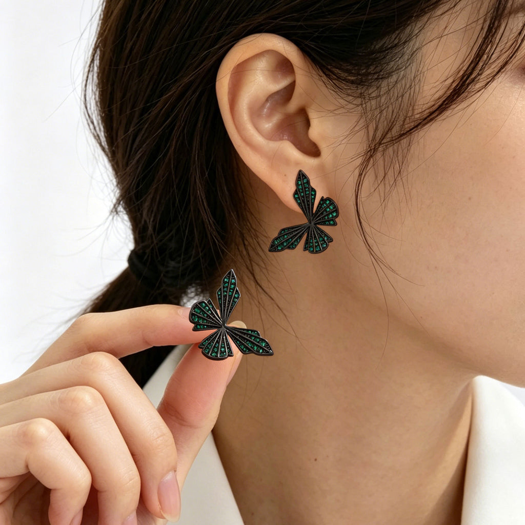 Modern Geometric Butterfly Wings Black Green CZ Copper Stud Earrings Bulk