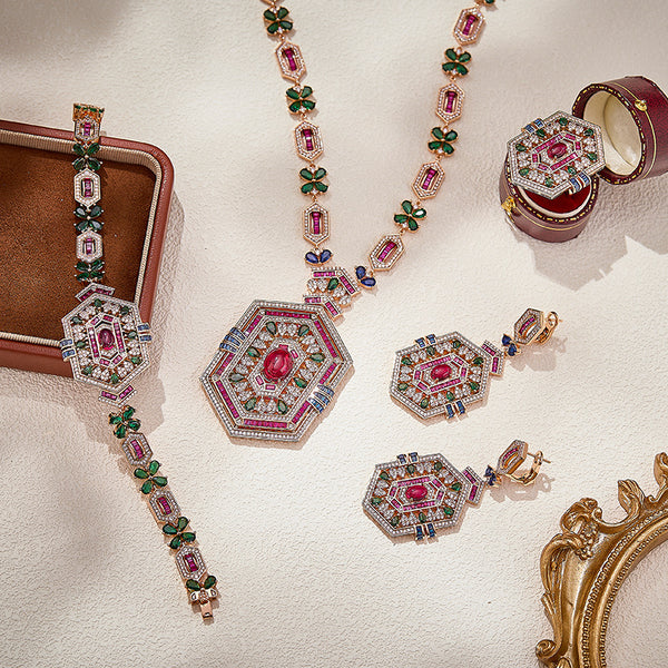 Hexagon Design Gold CZ Kundan-Polki Copper Necklace Combo Set Wholesale Main image