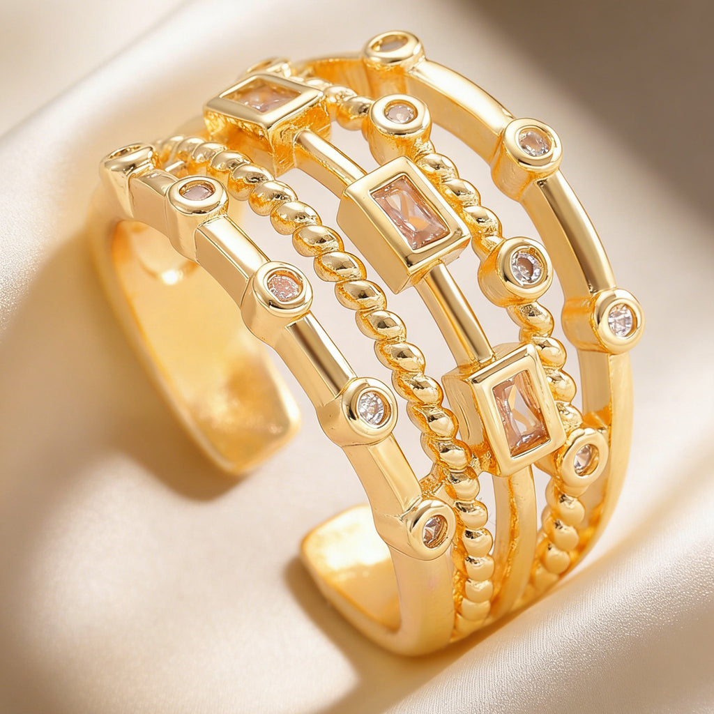 Multi-Layer Stack Gold Plated CZ Copper Anti Tarnish Fancy Ring Bulk