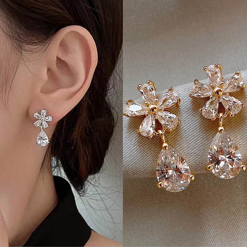 Gold Silver Flower Cubic Zirconia Dangler Earrings For Women Bulk