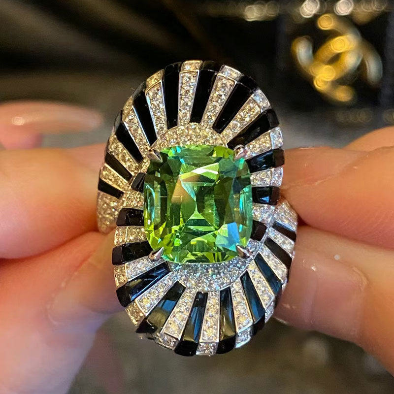 Bulk Green Black Oval Shape Silver CZ Copper Adjustable Cocktail Ring