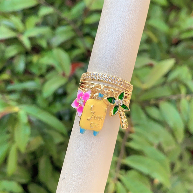 Multi Color Stackable Charms Gold Enamel Copper Cocktail Ring Wholesale
