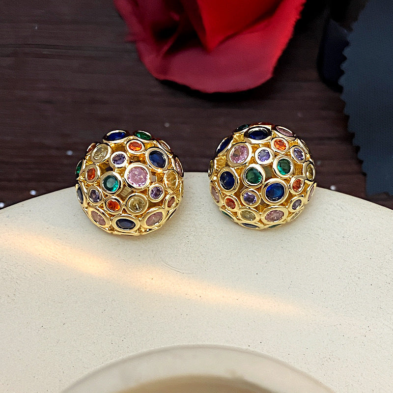 Round Sphere Navratna Gold Silver Plated CZ Copper Stud Earrings Bulk