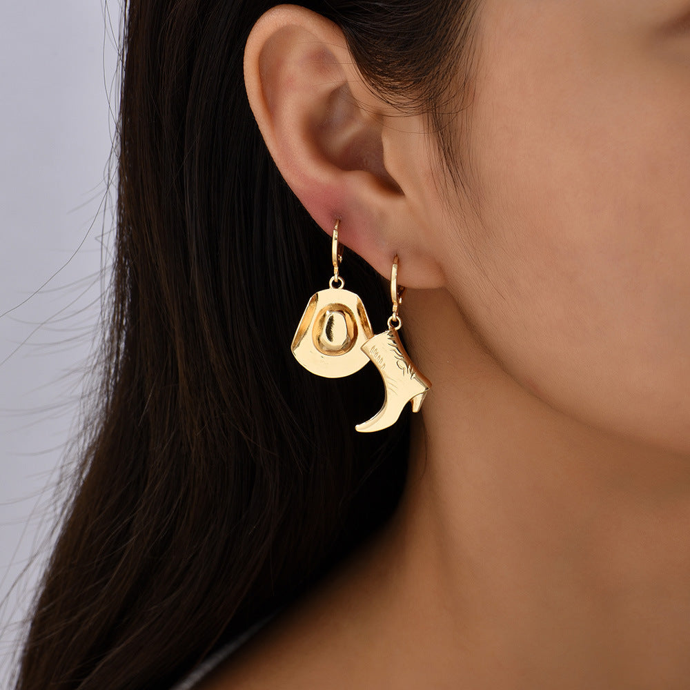 Trendy Western Boot & Hat Design Gold Plated Hoop Earrings Wholesale